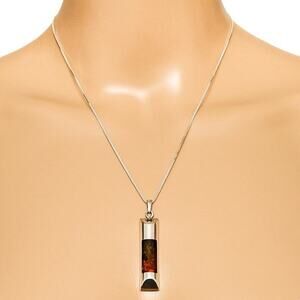 Signed JZ Sterling Silver Modernist Amber Pendant Necklace Baltic Amber Inlay